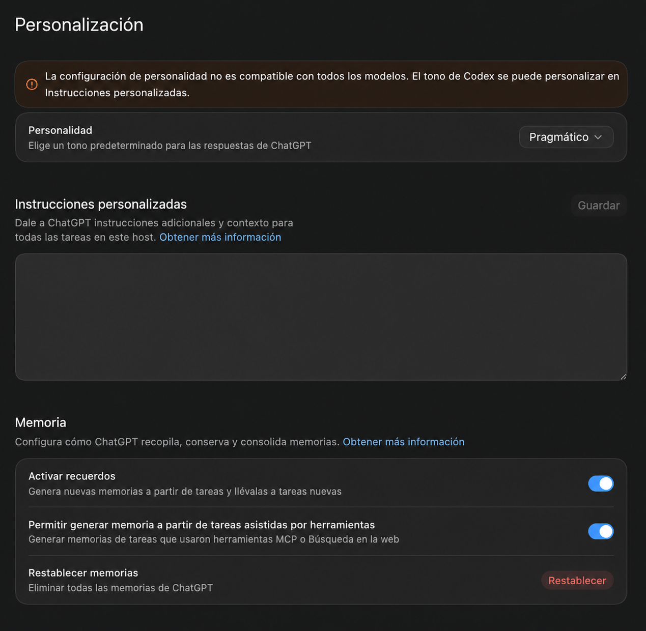 Configuración de Personalización con instrucciones censuradas
